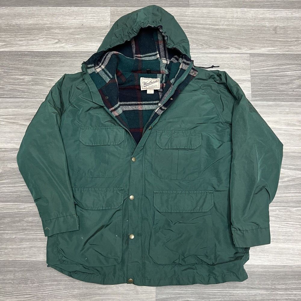 Vintage Woolrich Rain Jacket Parka Mens‎ Large Green Hooded Lined Full Zip Snap
